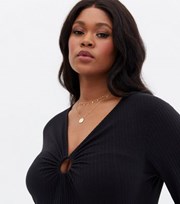 New Look Curves Black Ribbed Ring Front Long Sleeve Top